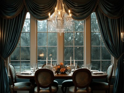 Formal Dining Room With White Chandelier And Blue Curtains To Match