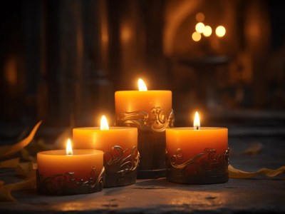 Four Lace Candles Lit On Black Wooden Floor