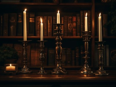 Four Silver Urns Of Candles Sitting On A Bookcase