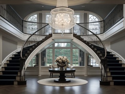 Foyer With A Chandelier And Large Staircase