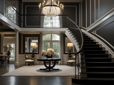 Foyer With An Elegant Black Staircase And Table