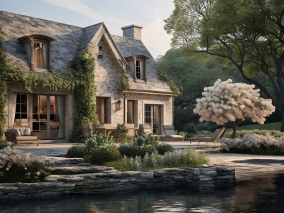 French Country House In 3D Rendered With Flowers