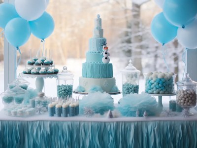 Frozen Cake Table With Blue Balloons And Blue Frosting