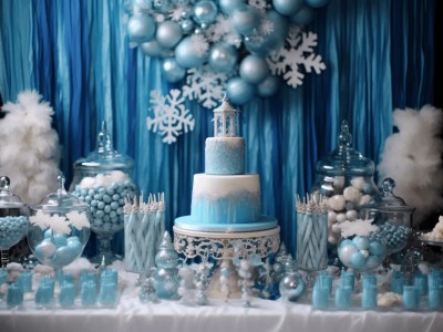 Frozen Party Table Decorated With Blue And White Candy