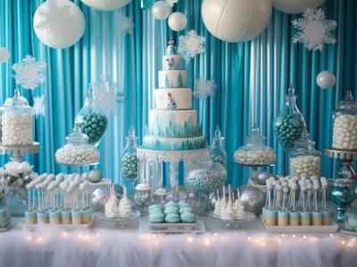 Frozen Theme Candy Bar With White Balloons And Sugar Snowflakes