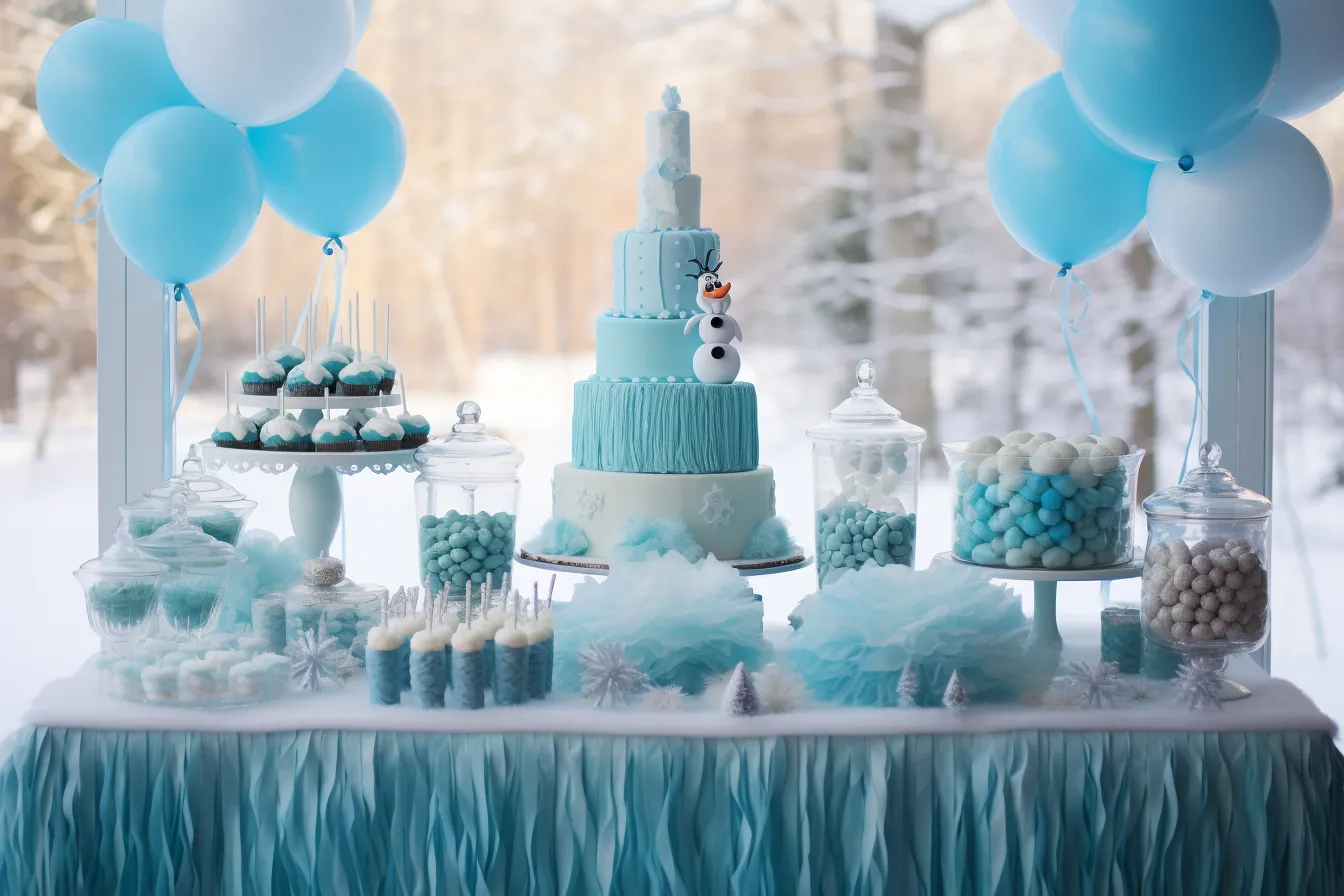 Frozen olaf party in your mind photo gallery, monochromatic palette, whimsical elements, high quality photo, festive atmosphere, monochromatic scheme, sky-blue and azure, textural layers