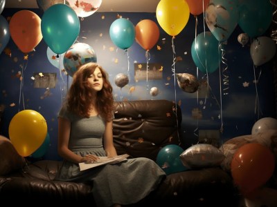 Girl Is Sitting On The Sofa With Lots Of Balloons Falling Down