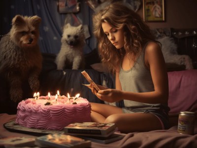 Girl Looks Over Her Cake With Another Dog