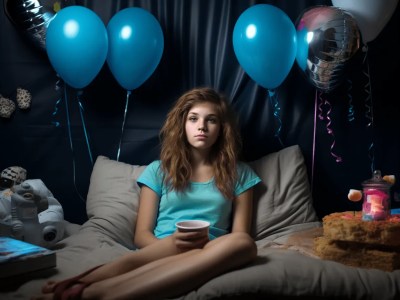 Girl Sits On A Bed With Some Balloons And A Cup Of Coffee