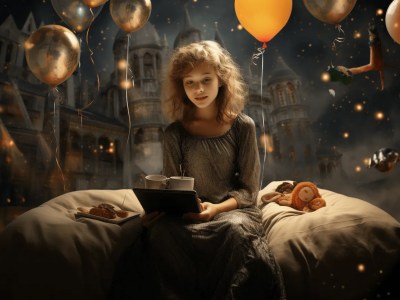 Girl Sitting On Her Bed Reading Book With Some Balloons Surrounding Her