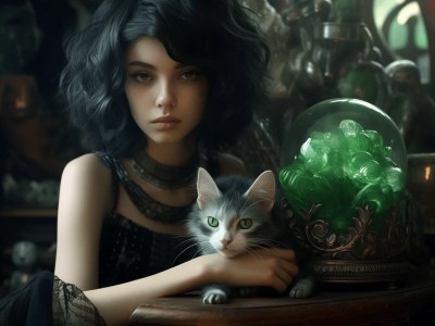 Girl With A Cat Is Surrounded By Green Glass And Magic Objects