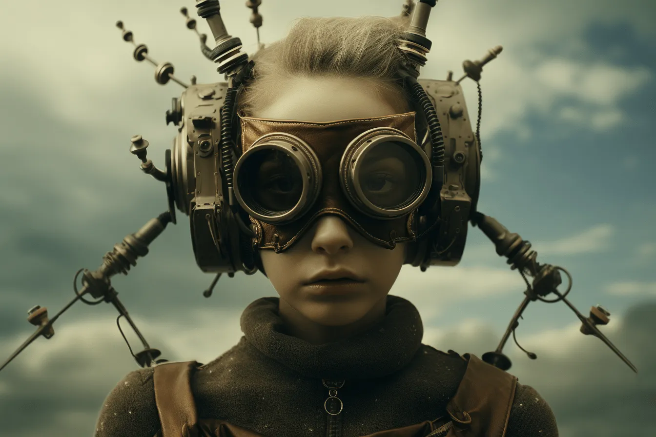 Girl with an old steampunk look, sci-fi inspired futurism, 8k resolution, stereoscopic photography, childlike wonder, the new fauves, rendered in cinema4d, sepia tone