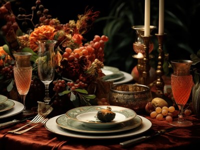 Glass Bowl Of Grapes On A Table Is Set Up For A Thanksgiving Dinner