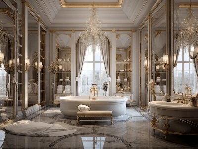 Goldframed Bathroom That Has A Tub, Sink And Chandelier