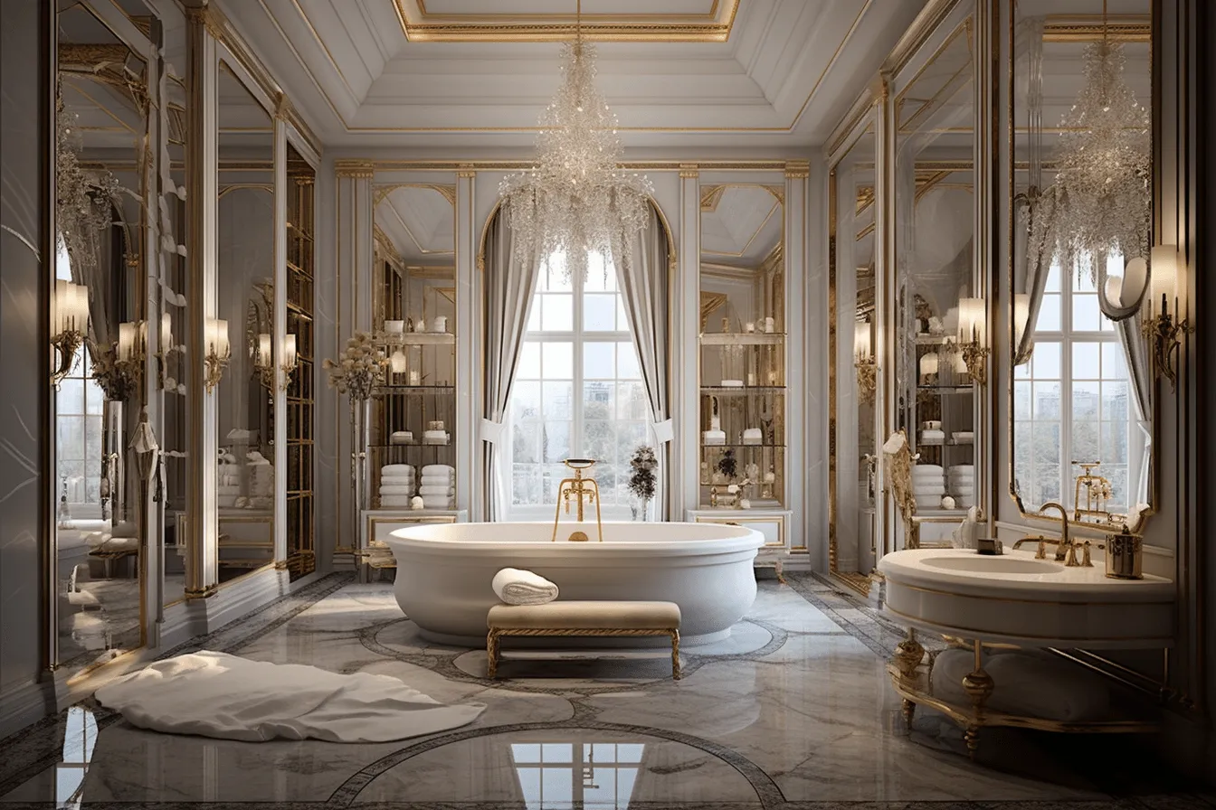 Elegant bathroom with white and gold cabinetry, realistic hyper-detailed rendering, hurufiyya, ottoman art, rendered in cinema4d, monochromatic symmetry, realistic and hyper-detailed renderings, royalcore