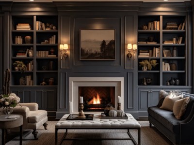 Gray Living Room With Bookshelves And Fireplace