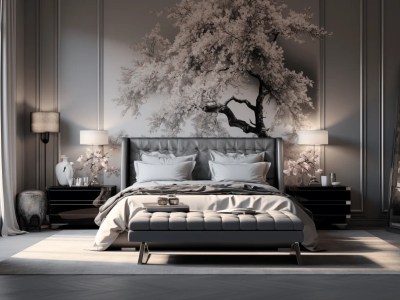 Gray White Bedroom With An Ornamental Tree Wall Hanging