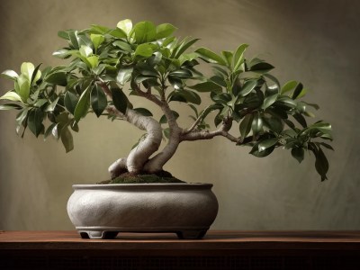 Green Bonsai Sits In A White Pot