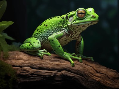 Green Frog Standing On Branch In Dark Background