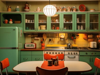 Green Kitchen Counter With Orange Chairs