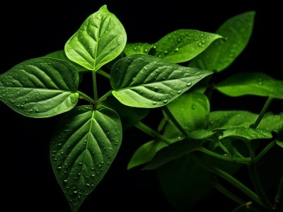 Green Plant On A Black Background With Droplets Of Water