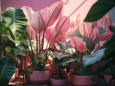 Green Room With Pink Plants In Pots.