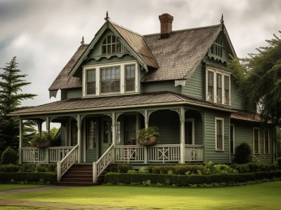 Green Victorian Home With A Porch And Garden