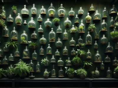 Green Wall Has Various Plants With Glass Jars