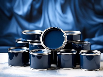 Group Of Blue Paint Cans On Top Of Cloth