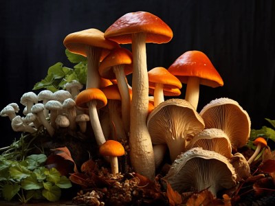 Group Of Mushrooms On A Dark Background