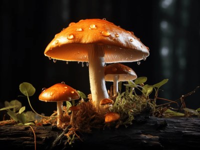 Group Of Orange Mushrooms On A Log Against Dark Green Leaves