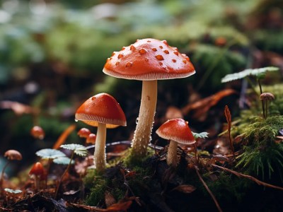 Group Of Red Mushrooms Stand On A Mossy Wood