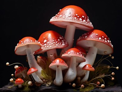 Group Of Red Mushrooms With White Dots In Front