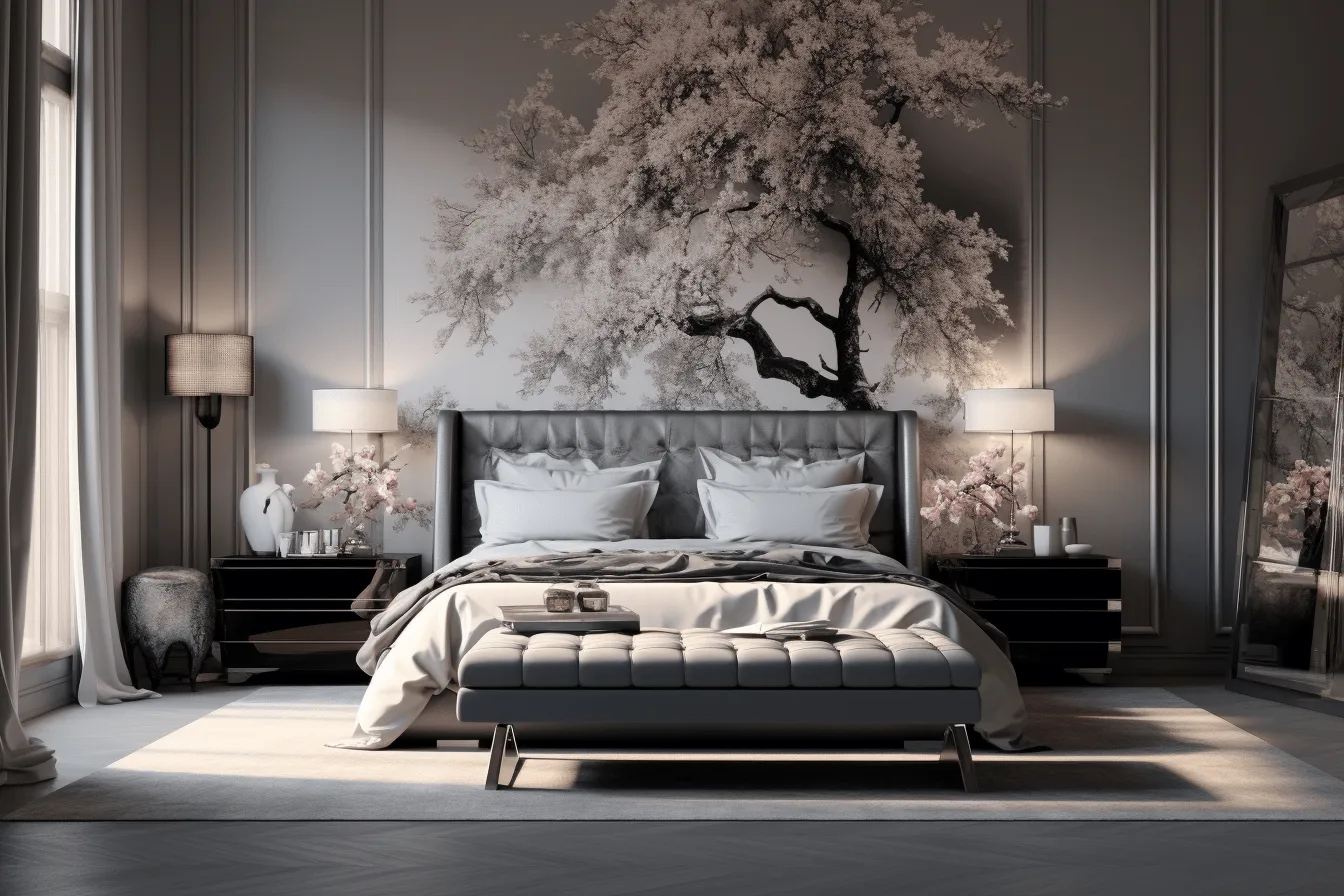 Modern bedroom, with grey, white, and black furniture, highly detailed foliage, realistic chiaroscuro, cherry blossoms, rendered in cinema4d, rococo-inspired, midcentury modern, monochromatic masterpieces