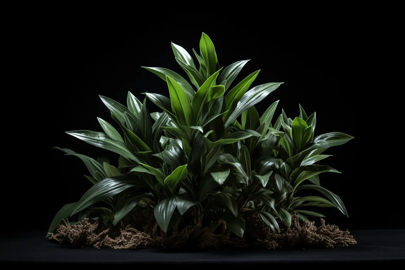 Green plants on a black background, sculpture-based photography, photorealistic accuracy, tokina at-x 11-16mm f/2.8 pro dx ii, landscape-focused, bold yet graceful, lively tableaus, mingei