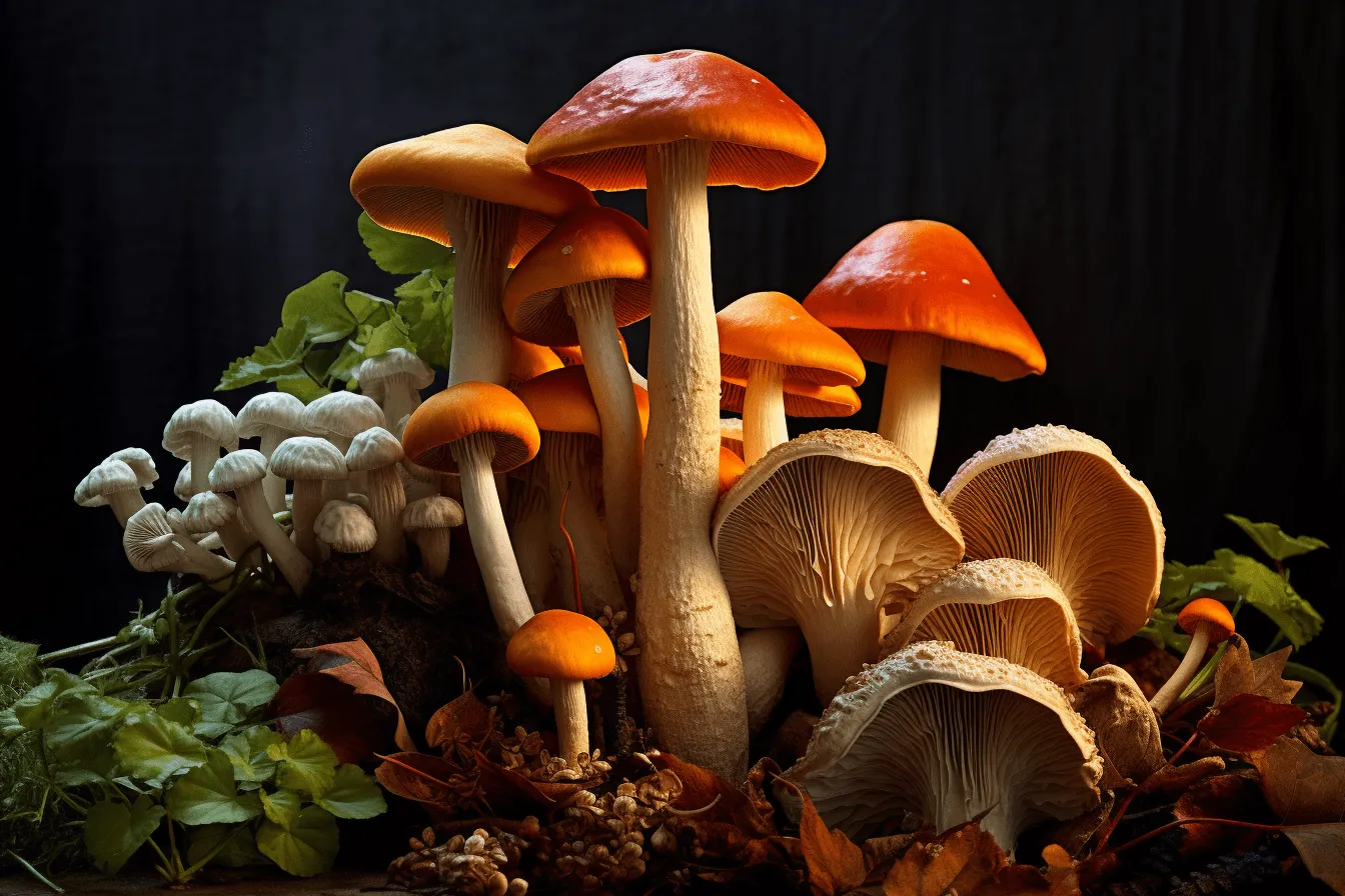 Small stack of mushrooms, realistic still lifes with dramatic lighting, light brown and orange, canon eos 5d mark iv, highly detailed foliage, neon hallucinations, extravagant table settings, hybrid creature compositions