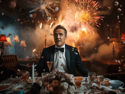 Guy In A Tuxedo Sits At A Dinner Table With Firework Explosions Overhead