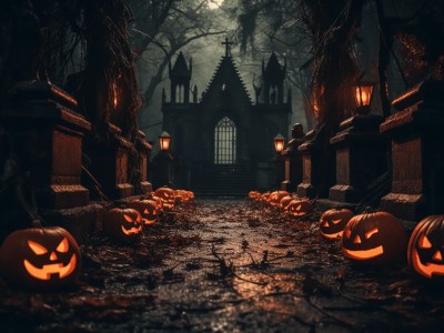 Halloween Landscape With Cemetery Path Full Of Pumpkins And Lanterns