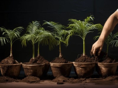 Hand Planting Six Palm Trees In Pots On The Ground