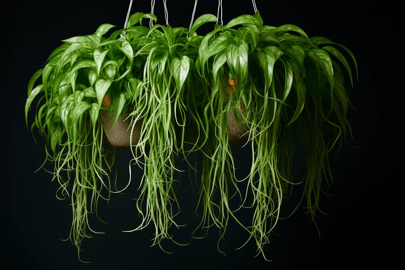 This hanging planter is hanging in the air, black background, low depth of field, highly detailed foliage, layered fibers, fluorescent colors