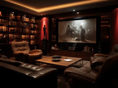 Home Theater Has Black Leather Seating, As Well As Brown Shelves With Books