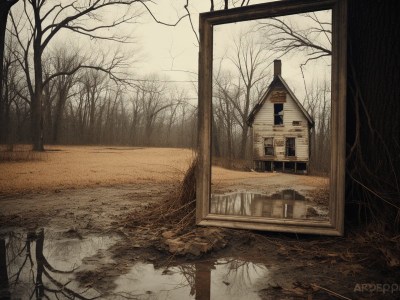 House Is Reflected In The Mirror In The Woods