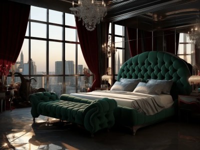 Huge Luxury Bedroom With Windows And A Large Green Bed