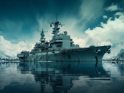 Huge Military Ship Is Floating On A Cloudy Lake