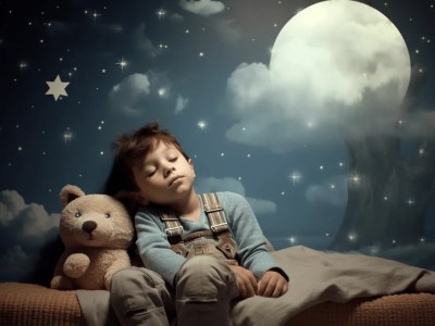 Image: Kid Sleeps With Teddy Bear In Night Sky