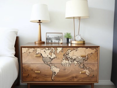 Image Of A Nightstand With Wooden Drawers And A Map On It