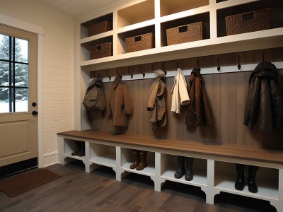 Image Of An Entryway Has Wood Shelves With A Coat Hook