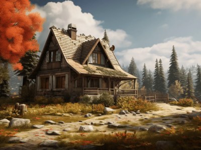 Image Of Autumn Forest With A Cabin On The Ground