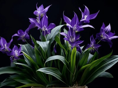 Image Of Purple Irises With Leaves Against Black Background