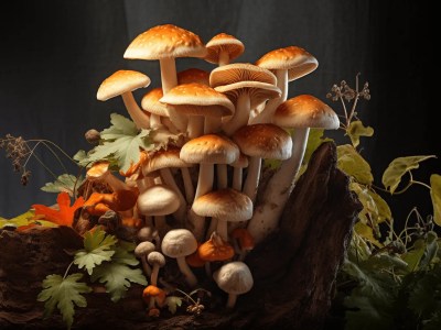 Images Of Mushrooms On A Stump Over A Dark Background